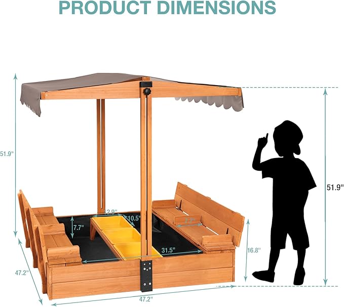 Large Wooden Kids Sand Box with Cover,Sandbox with Lid Foldable Beench Seats,Sand Boxes for Backyard Garden, Beach Patio Outdoor