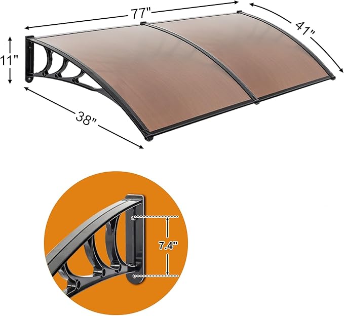 Window Awning Door Canopy Exterior- 40" x 80" Aluminum Door Awning, Polycarbonate Cover Patio Canopy Awning for House, Outside, Rain Snow & UV Resistant (Brown Board & Black Bracket)
