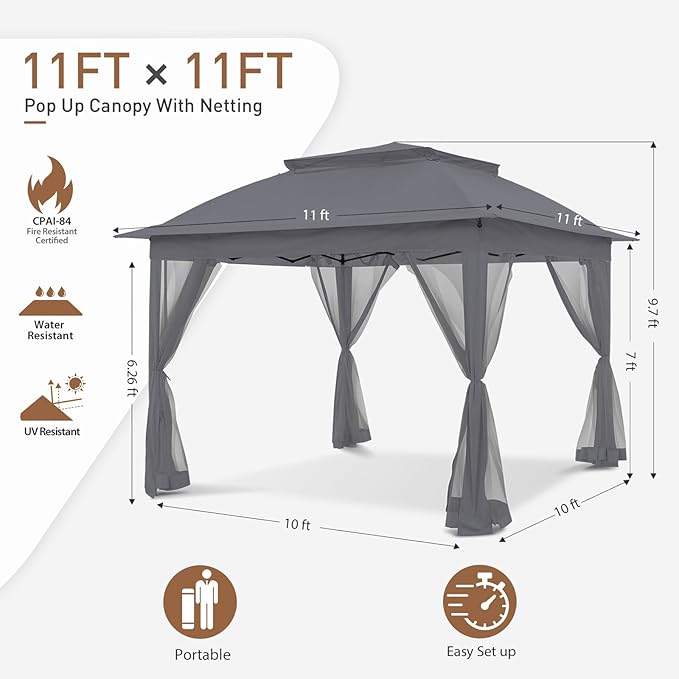 COOS BAY 11x11 Pop Up Gazebo with Mesh Netting, Instant Outdoor Canopy Tent, Water Resistant Shelter with UPF 50+ UV Protection, 121 Sq Ft Coverage, Dark Gray