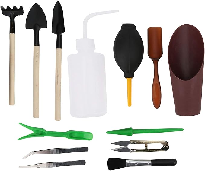 13pcs Mini Garden Tool Set Succulent Tools Bonsai Planting Kit with Stainless Steel Shovel Rake for Digging Watering Transplanting Indoor Plants