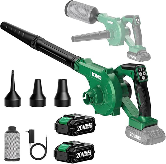 K I M O. Cordless Leaf Blower and Vacuum Combo 4 In 1, 3 Nozzles for Inflation and Deflation, 190MPH/260CFM, Smart Panel w/ 3Modes, 20 Extended Tube, 2Pack Battery Operated Leaf Blowers for Lawn Care