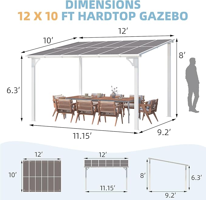 AECOJOY 12' x 10' White Pergola Gazebo, Large Wall Mounted Pergolas and Gazebos on Clearance, Outdoor Patio Lean to Hard Top Gazebo Metal Awnings for Decks,Patio, Porch, Backyard and More