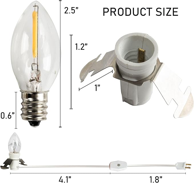 Dazzle Bright 2 Pack 6 FT Accessory Cord with LED Light Bulb E12 Socket White Cord with On/Off Switch Plug, C7 Candelabra Light Bulbs for Holiday Decorations, Christmas Village House, Pumpkin Lights
