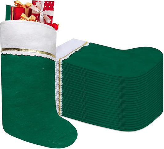 24 Pack Felt Christmas Stockings, 19 Inches Green and White Christmas Stockings, White Cuff with Gold Trim Christmas Stockings for Family Christmas Holiday Decorations