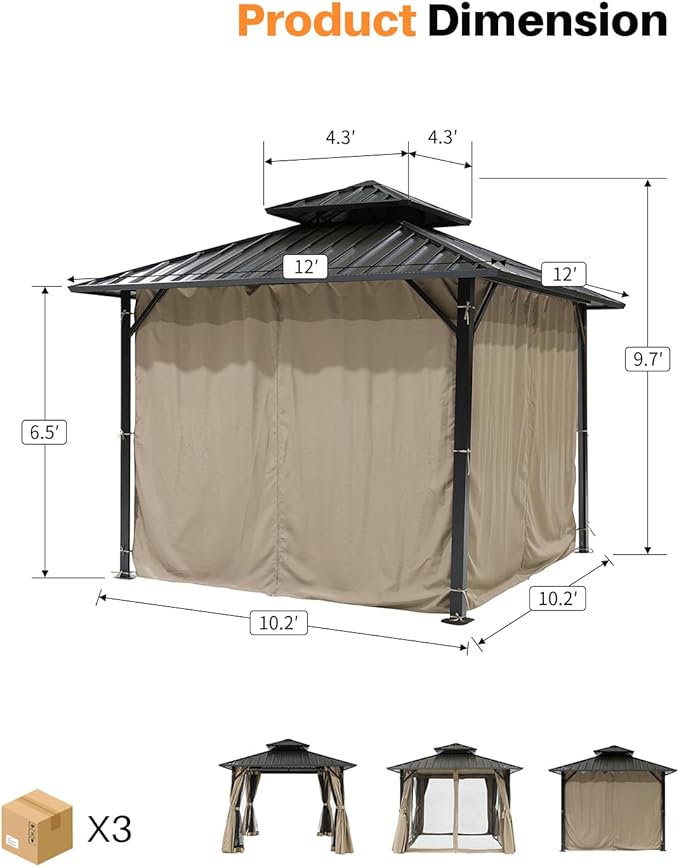 12' x 12' Hardtop Gazebo, Aluminum Frame Patio Hardtop Gazebos with Netting and Curtain, Outdoor Patio Pergola, Outdoor Patio Gazebo with Double Metal Roofs for Lawns, Garden, Deck, Sandstone