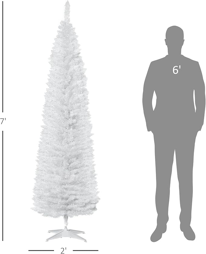 HOMCOM 7' Artificial Pencil Christmas Tree, Slim Xmas Tree with 499 Realistic Branch Tips and Plastic Stand, White