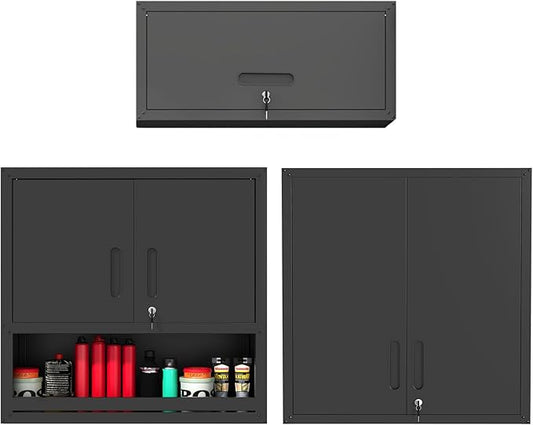 Metal Tool Cabinet,Garage Storage Cabinet System,Wall Cabinet & Locking Rolling Tool Cabinet with Doors and Adjustable Shelves,Steel Tool Cabinets for Home (3 Pcs-StyleA, Black)