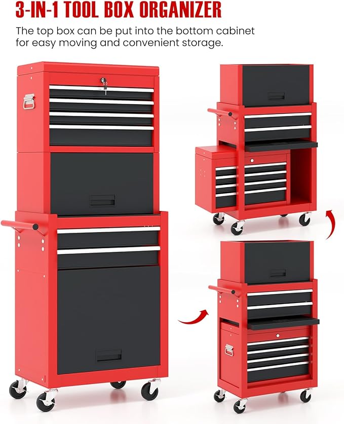 ARNOT 2-in-1 Rolling Tool Chest with 5 Drawers, Heavy-Duty Metal Tool Box with Wheels, Detachable Top Tool Box & Rolling Tool Cabinet for Garage, DIY (6-Drawers Whith Middle Box, Red+Black)
