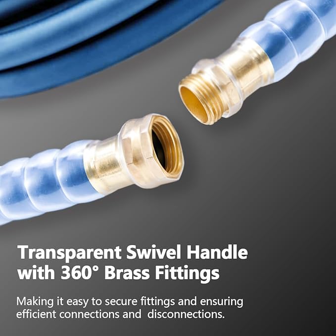 Heavy Duty Premium Garden Hose 90ft x 5/8, 300PSI Working, 1000PSI Burst, Hybrid Rubber Water Hose with Transparent Swivel Handle - Hot/Cold Water - Five Layered Braiding with Brass fittings (Blue)