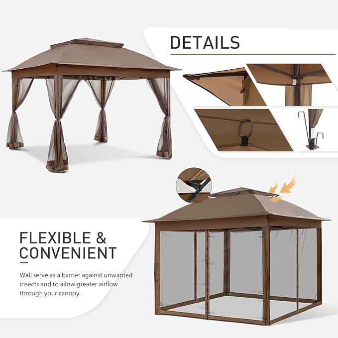 COOS BAY 11x11 Pop Up Gazebo with Mesh Netting, Instant Outdoor Canopy Tent, Water Resistant Shelter with UPF 50+ UV Protection, 121 Sq Ft Coverage, Brown