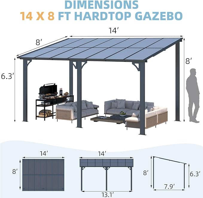AECOJOY 14' x 8' Gazebo Outdoor Pergola for Patio, Hard Top Lean to 8x14 Gazebo Shelter Pergolas and Gazebos Clearance with Patio Roof, Large Wall-Mounted Heavy Duty Awnings for Patio, Decks, Backyard