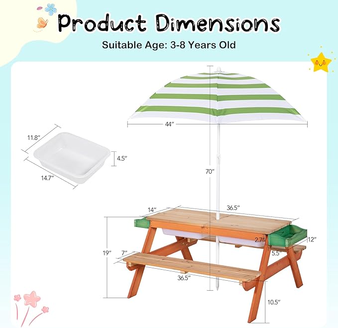Kids Picnic Table, Outdoor Wooden Table w/Adjustable Umbrella & Garden Bed, 4-in-1 Sand & Water Activity Table w/Built-in Bench & Removable Boxes, Patio, Backyard