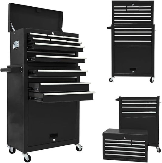 13-Drawer Rolling Tool Chest,Tool box with Wheels, Tool Cabinets with Drawers, Top Detachable Tool Chest with Hooks Handles for Workshop Mechanical Garage - Black