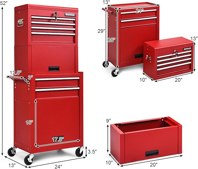 IRONMAX Tool Cabinet on Wheels, 6-Drawer Lockable Rolling Tool Chest w/ 4 Universal Wheels, 2 in 1 Detachable Tool Box Storage Organizer for Garage Workshop Repair Shop, Red