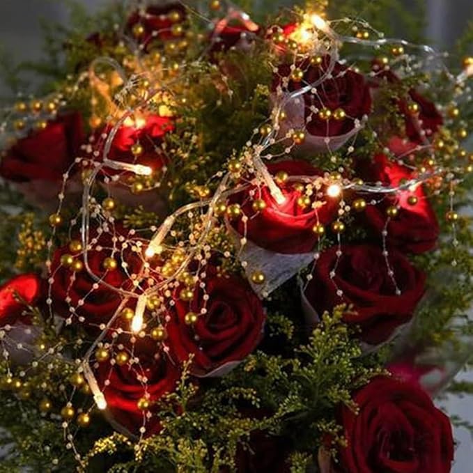 OVV Christmas Decorations 13FT Pearl Garland String Lights 40LED Festive Lighted Berry Beaded Indoor Xmas Decor Warm Lights for Bedroom Mantel Wedding Party Battery Operated (Golden)