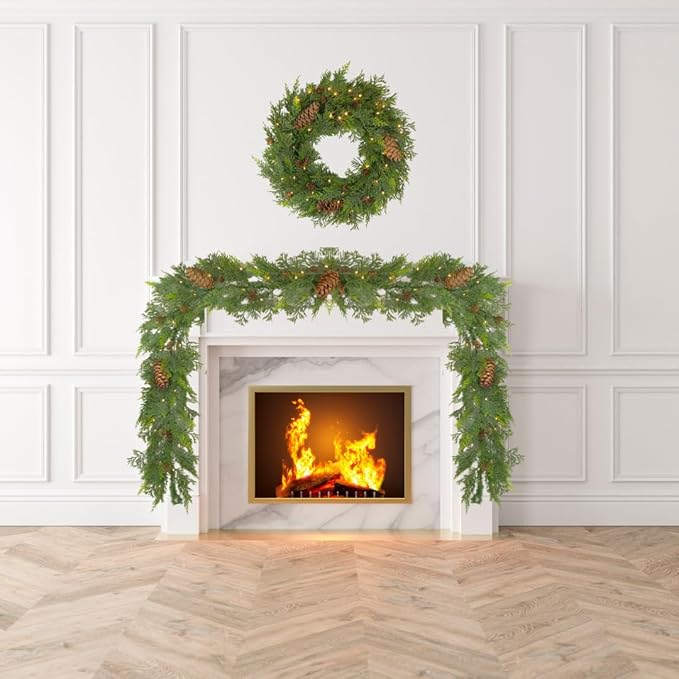 Natural Cedar Set : 1 24 inch Wreath 2 Pieces of 8 ft Garland; Mixed Greenery, Cedar, and Real Pinecones, Battery Operated, Indoor Outdoor Holiday Decor