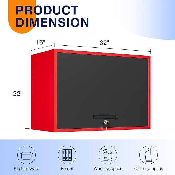 Yizosh Metal Garage Wall Cabinet with Doors and Shelves,Wall Mounted Metal Storage Cabinet, Floating Steel Tool Cabinet for Garage,Basement,Kitchen,Warehouse (Red Black,21.6 H)
