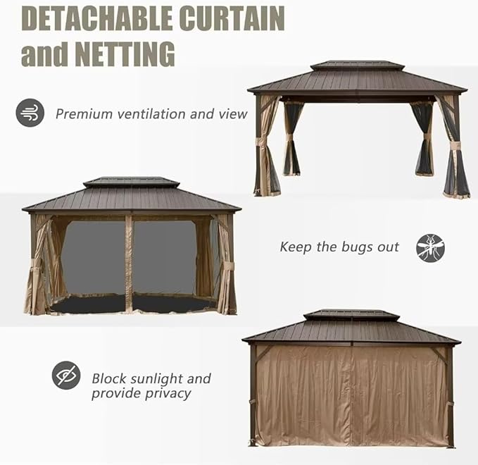 Domi 10'x12' Hardtop Gazebo Canopy,Outdoor Metal Gazebo with Galvanized Steel Double Roof,Curtain and Netting,Permanent Pavilion for Patio Deck,Backyard
