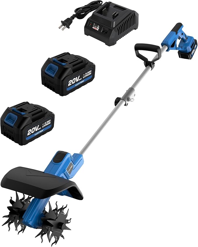 LUXTER 20V Cordless Tiller for Gardening 8.6 Inch Electric Garden Cultivator with 48 Steel Tines Lightweight Cultivators 2¡¿4.0AH Batteries & Fast Charger for Smooth Ground Breaking,Tending,Composting