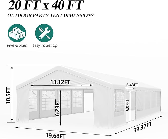 GARTOO 20' x 40' Canopy Party Tent - Heavy Duty Outdoor Wedding Gazebo with 4 Sand Bags, Event Shelter Canopy for Outdoor Event, Wedding, Birthday Party
