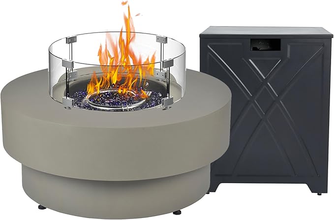 32.5-inch Outdoor Gas Fire Pit with 20lb Propane Tank Cover Table & Wind Glass Shield,50,000BTU Propane Gas Fire Pits for Outside Patio w/Round Burner Lid, Glass Rocks