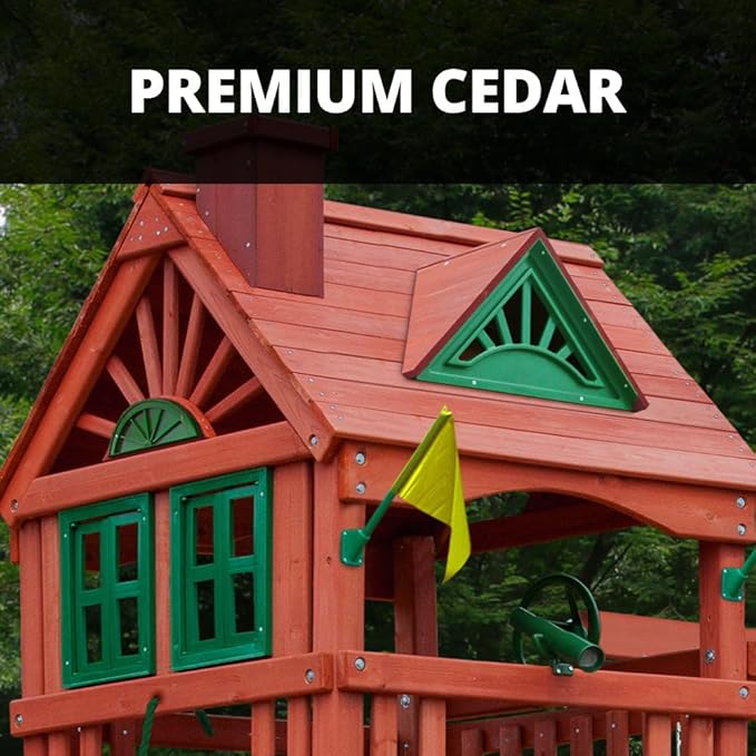Gorilla Playsets Spring Creek Deluxe Wooden Swing Set with Wood Roof, Two Slides, Swings, and Climbing Wall