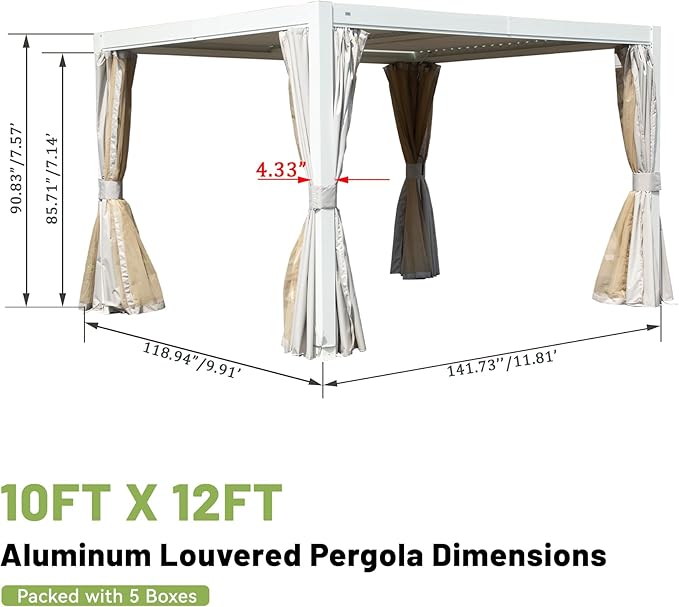 Louvered Pergola 10 x 12 FT, Aluminum Outdoor Pergola with Independent Adjustable Rainproof Top, Built-in Gutter System, Hardtop Patio Metal Pergolas for Deck Garden Backyard -White