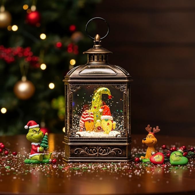 Christmas Snow Globe Lantern Water Glittering Gnomes Scandinavian Santa Elf with Whimsical Christmas Tree, Lighted Lantern for Christmas Festival Decoration Gifts