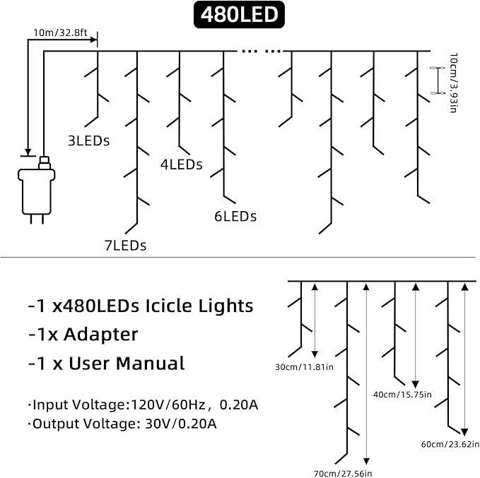 Christmas Outdoor Icicle Lights - 480 LED 66+33 FT 8 Modes Curtain Fairy String Light Plug in, Waterproof for Eaves Yard Holiday Xmas Holiday Indoor Outdoor Decoration - Warm White