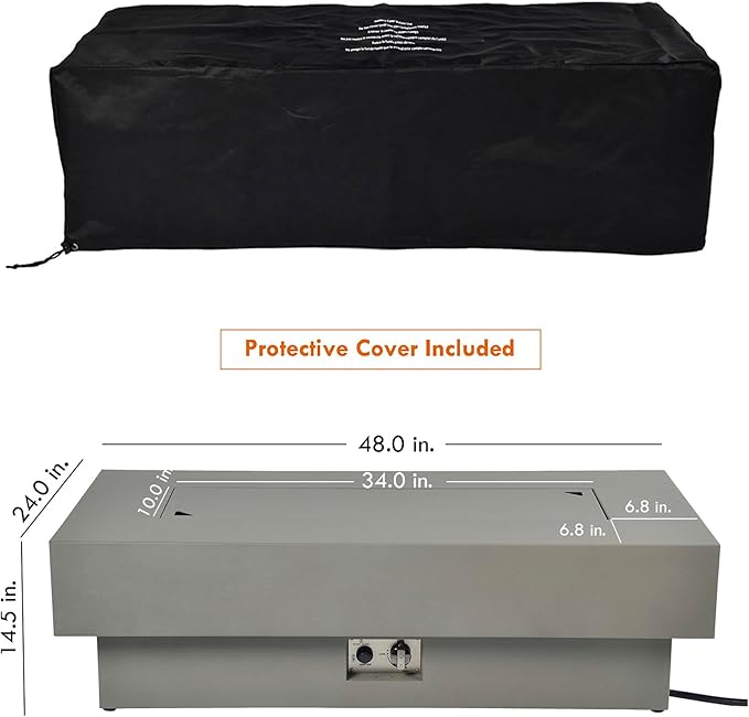48-inch Fire Table with Natural Gas Conversion Kit & Wind Glass Shield, 50,000BTU Outdoor Modern Patio Fire Pit Table w/Rectangular Burner Lid, Glass Rocks, Cover