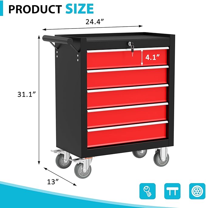 5-Drawer Rolling Tool Chest, Lockable Portable Storage Tool Chest with Wheels, Tool Box for Garage, Workshop, Warehouse & Repair Shop