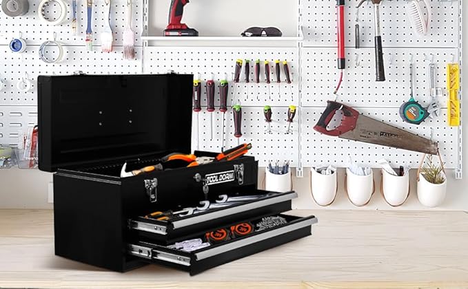 20.3¡° Metal Tool Box with Drawer Portable Steel Tool Box with EAV Liner and Latch Closure and Lock for Garage, Home and Warehouse (Black-2 Drawers)
