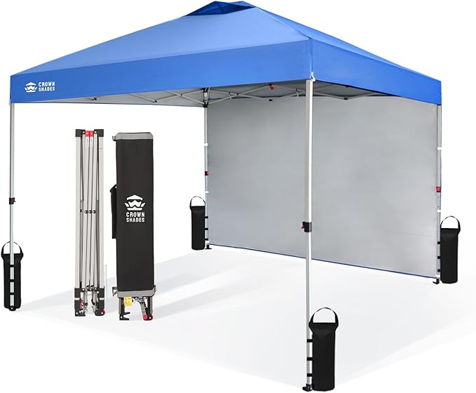 CROWN SHADES 10x10 Pop Up Canopy with 1 Side Wall - Beach Tent with One Push Setup - Outdoor Sun Shade for Events, Parties, Camping - Gazebo with STO-N-Go Cover Bag (Blue)
