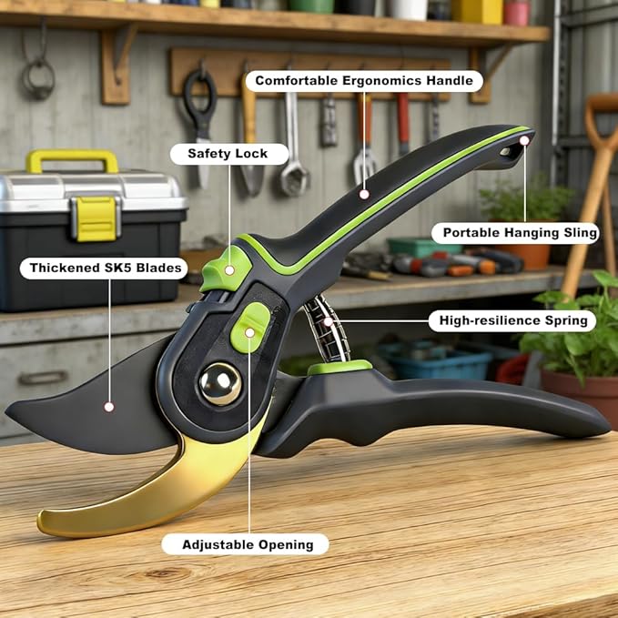 Pruning Shears for Gardening, Sharp Stainless Steel Blade Garden Scissors Plant Flower Garden Clipper (Green)