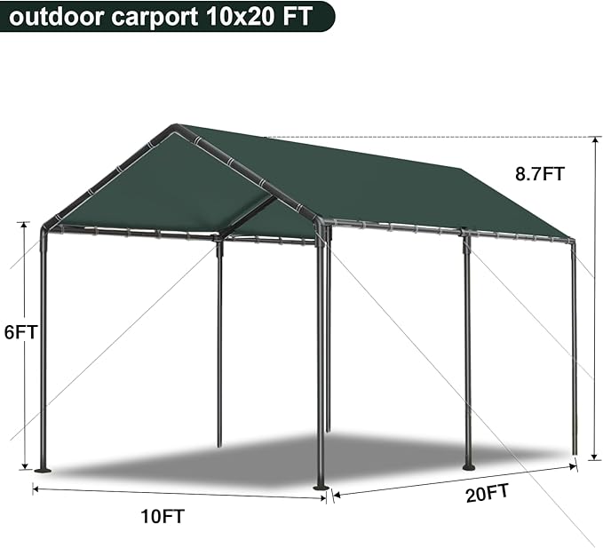 10x20 Heavy Duty Carport, Outdoor Carport Shelter with Reinforced Frame and Stakes, Waterproof Garage Car Port Tent (Green)