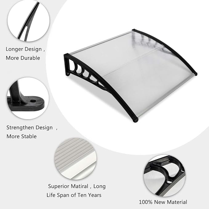 Window Awning Door Canopy Exterior- 38" x 40" Aluminum Door Awning, Polycarbonate Cover Patio Canopy Awning for House, Outside, Rain Snow & UV Resistant (Clear Board & Black Bracket)