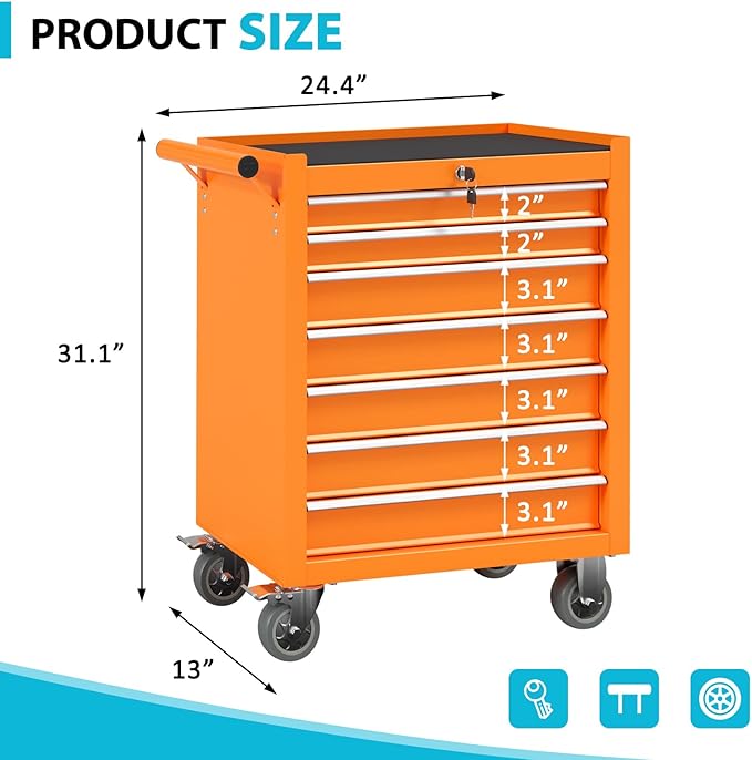 7 Drawers Rolling Tool Box, Portable Storage Tool Chest with Wheels, Toolbox with Lock for Warehouse, Garage, Repair Shop and Tool Room (Orange)
