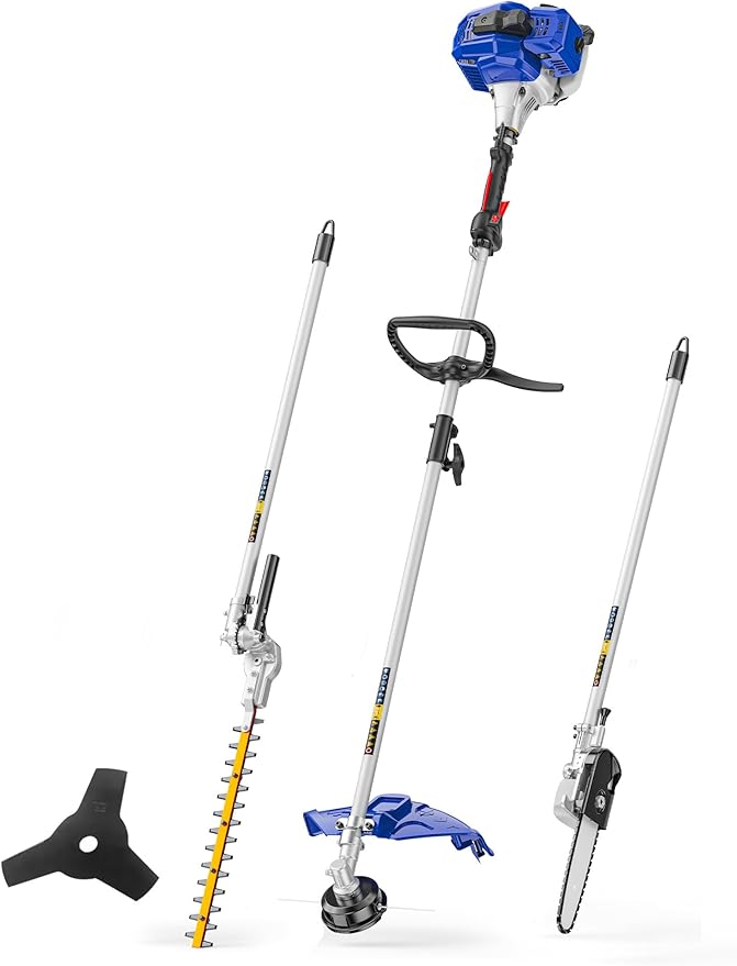 WILD BADGER POWER 26cc Weed Wacker Gas Powered, String Trimmer/Edger, Pole Saw, Hedge Trimmer and Brush Cutter Blade, 4-in-1 Multi Yard Care Tools, Rubber Handle & Shoulder Strap Included