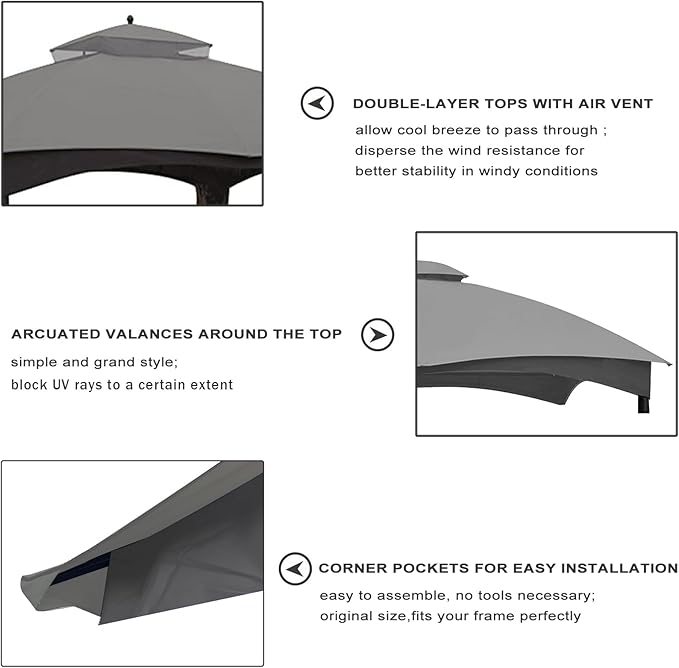 Eurmax USA High Performance Replacement Canopy Top for Lowe's Allen Roth Heavy Duty Gazebo Roof Gazebo Top with Air Vent 10X12 Cover #GF-12S004B-1, Replacement Top Only（Gray）