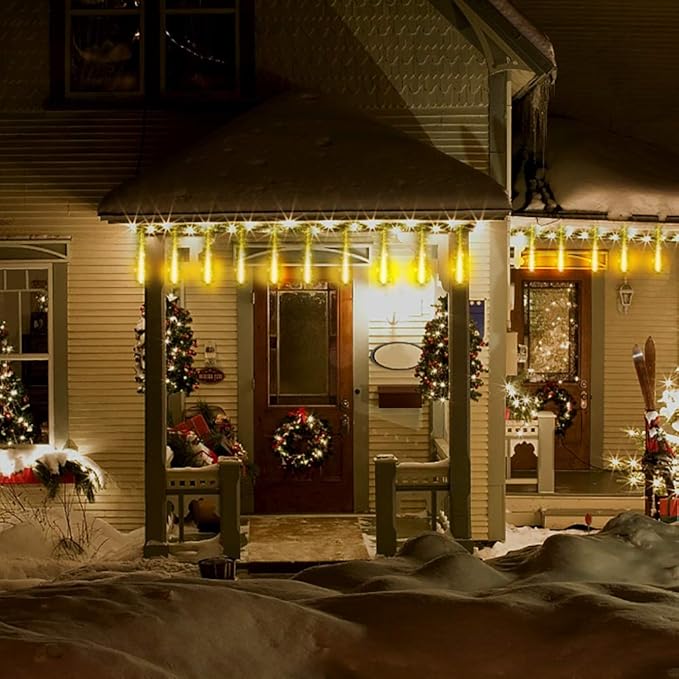 Kwaiffeo Warm White Christmas Lights Outdoor, 24 Tubes(Equivalent to 3 Sets of 8-Tube) LED Meteor Shower Lights for Xmas Wedding Party Decorations, Warm White Fairy Icicle Light for Yard Outside