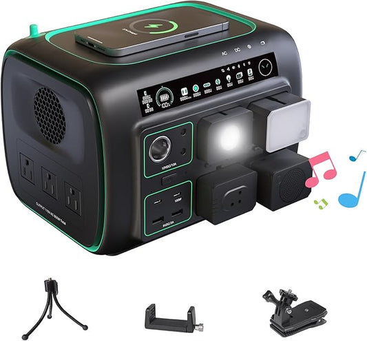 Portable Power Station, with Snap-on Light, Speaker & Charger, 800W Solar Generator, 512Wh Outdoor Power supply for Camping RV hiking, 100W USB-C Output, 3 AC Outlets