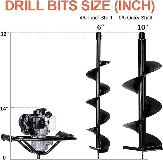 DC HOUSE 52cc 1800W Gas Powered Earth Auger EPA Certified Post Hole Digger, with 2 Drill Bits 6 10, Mixing Ratio 30:1, for Fence, Farmland and Garden
