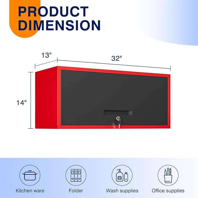 Yizosh Metal Wall Cabinet with Doors, Wall Mounted Storage Cabinet, Floating Tool Cabinet for Kitchen, Basement, Warehouse (Red Black, 13.7 H)