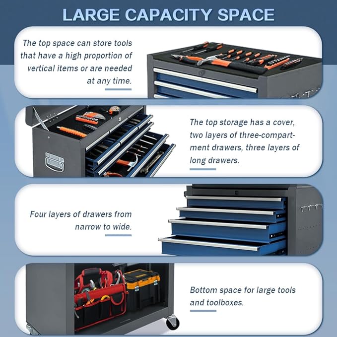 13-Drawer Rolling Tool Chest, 2-in-1 Heavy Duty Detachable Storage Cabinet with Lockable Wheels & Removable Top Box, 600 lbs Capacity for Mechanics, Garage Workshop (Blue£¦Grey)