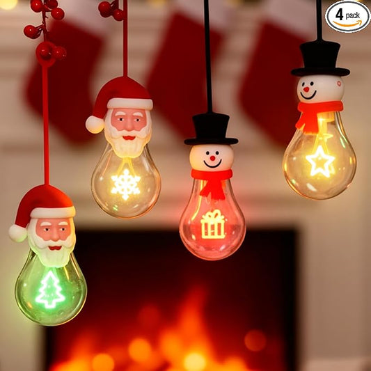 Brightever 4-Pack Hanging Christmas Lights for Christmas Tree Decor, USB Rechargeable Christmas Light Bulbs Portable Decorations with Xmas Elements Filament, Great Gift for Coworkers, Friends