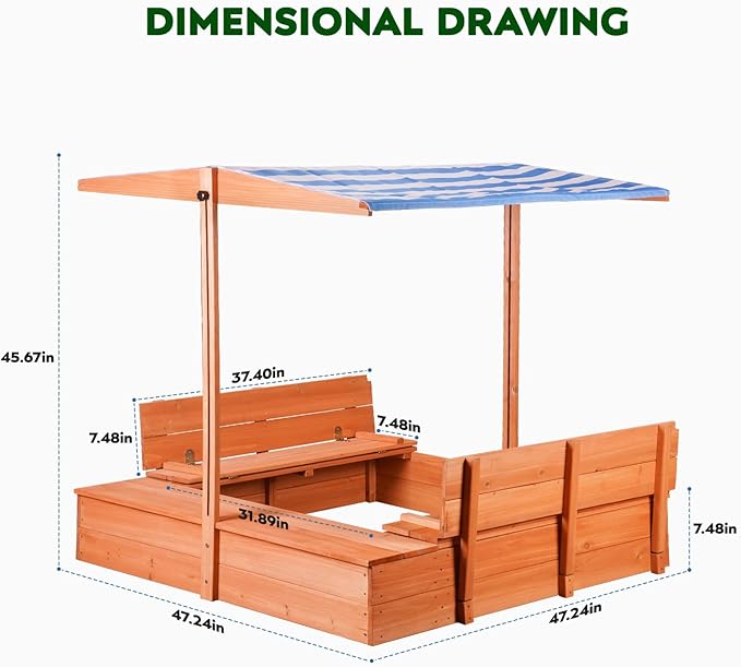 Kids Wooden Outdoor Sandbox with Cover£¬Sand Boxes with Canopy and Foldable Storage Bench Seats, Sand Table with Protection Bottom Liner,Kids Play Equipment for Outdoor(47X47Inch)