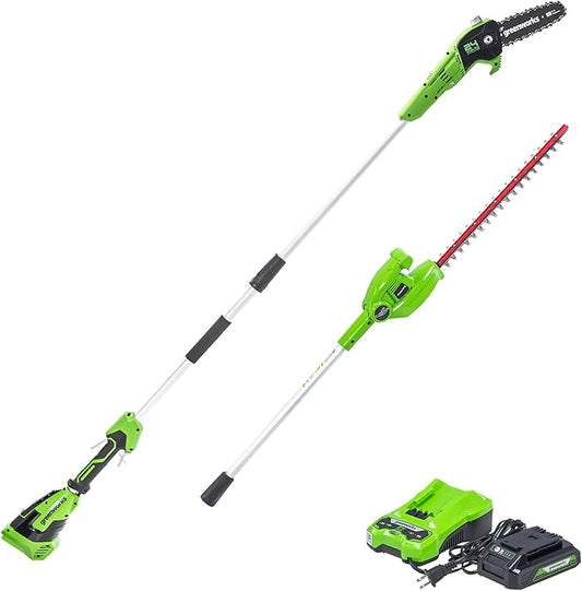 Greenworks 24V 8 Cordless Polesaw + 20 Pole Hedge Trimmer Combo (Great For Pruning and Trimming Branches / Shrubs), 2.0Ah Battery and Charger Included