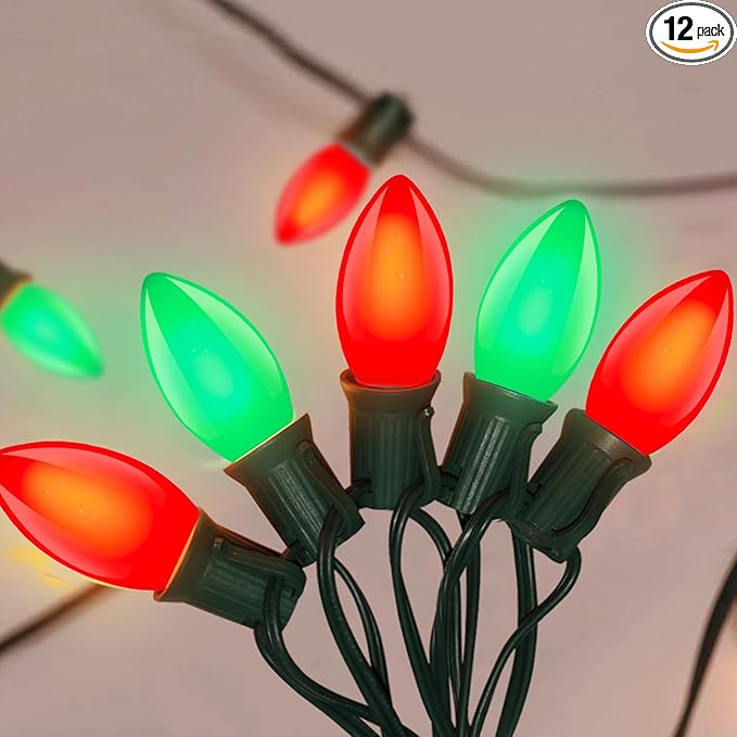 25Ft C9 LED Christmas Lights Outdoor, C9 Red and Green Christmas String Lights with 26 LED Shatterproof Bulb, Hanging Vintage Christmas Lights for Patio Xmas Tree Roofline Wedding Party Backyard Decor