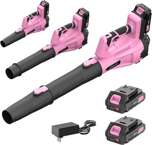 Steelite Leaf Blower Cordless with 2 Battery and Charger, 20V Electric Leaf Blowers, Lightweight Handheld Snow Blower for Lawn Care, Patio, Garden, Pink