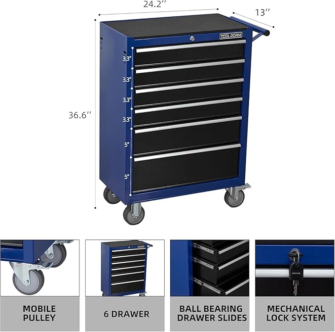 6-Drawer Rolling Tool Chest with Locking Wheels & Drawers, 13 D x 24.2 W x 36.6 H Mobile Tool Storage Cabinet, Heavy-Duty Garage Organizer w/Ergonomic Handle